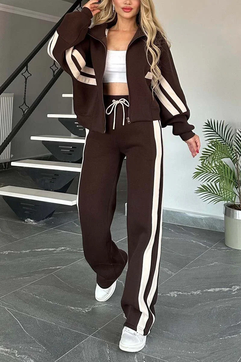 Striped Zipper Top Jacket Casual Sports Suit Women