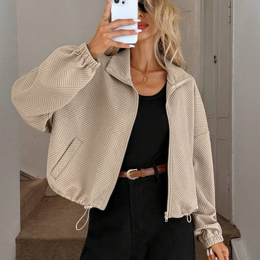 Chic Geometric Textured Zip Up Jacket