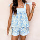 Sky Blue Floral Striped Patchwork Knot Straps 2pcs Short Set