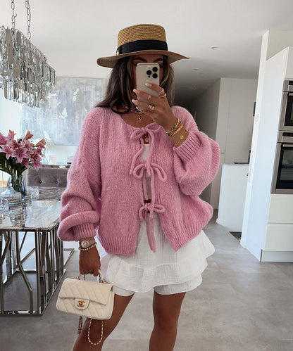 Women's Round Neck Lace-up Knitted Cardigan Sweater