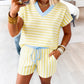 Stripe Colorblock Trim V Neck Tee Drawstring Elastic Waist Short Set