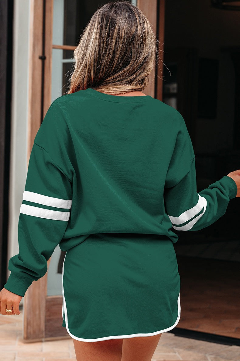 Varsity Stripe Detail Drop Shoulder Pullover Mini Skort Set