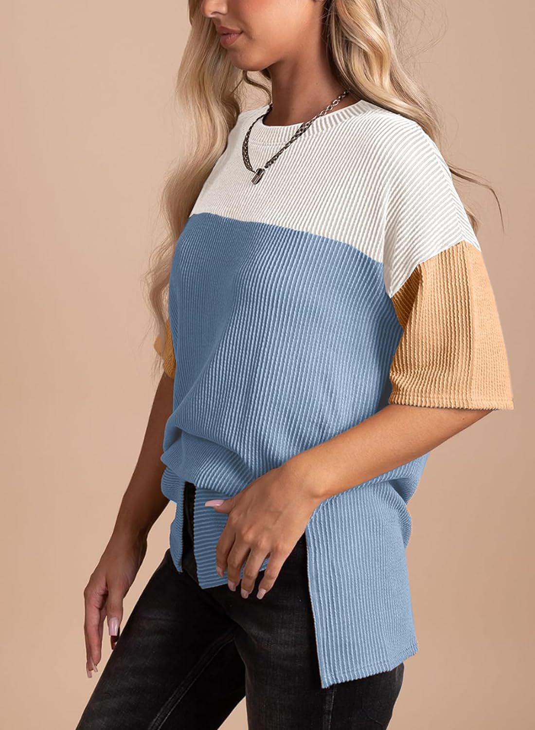 Ribbed Crew Neck Colorblock Top