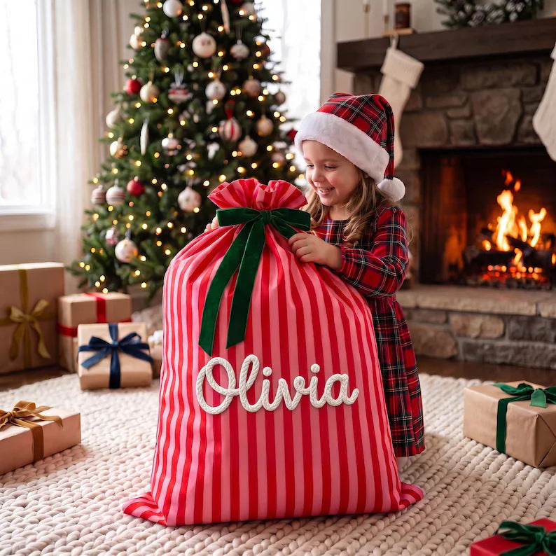 Custom Personalized Striped Christmas Drawstring Gift Sack