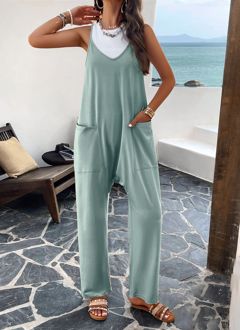 V Neck Loose Pockets Cami Jumpsuit