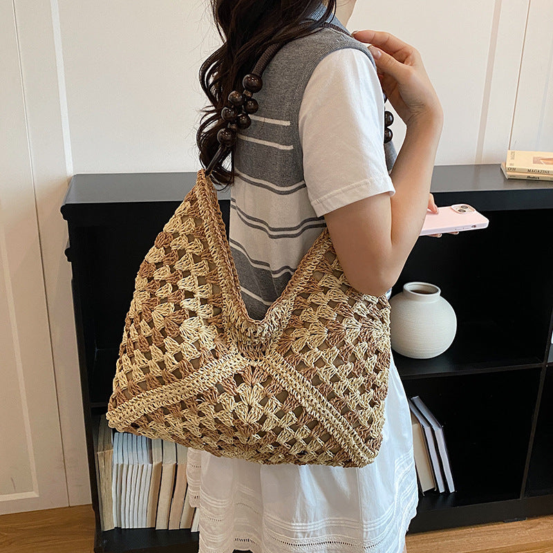 Women Boho Woven Mesh Beach Tote Bag Large Capacity Crochet Vacation Shoulder Handbag