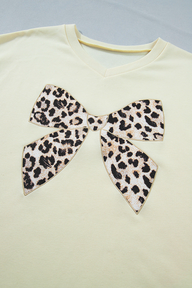 Contrast Leopard Bow Patched V Neck Loose Tee Drawstring Shorts 2pcs Outfit