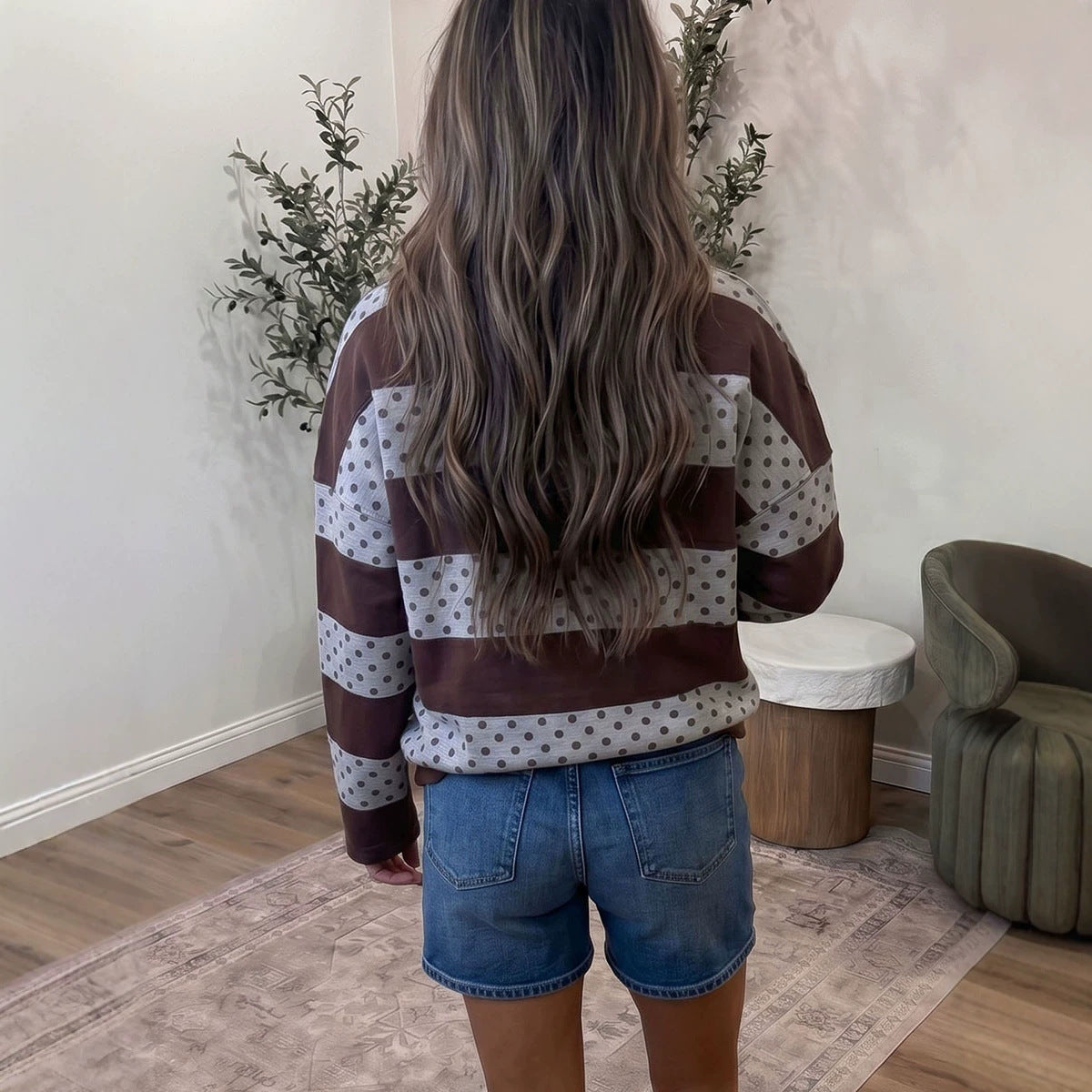 Stripe Patchwork Polka Dot Accent Quarter Zip Long Sleeve Top