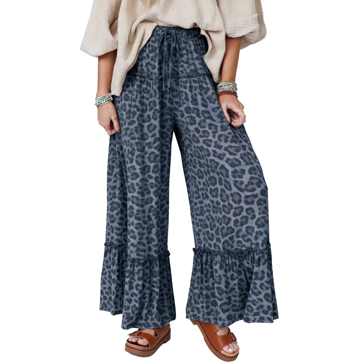 Gray Wild Leopard Print Frilled Detail Drawstring Wide Leg Pants