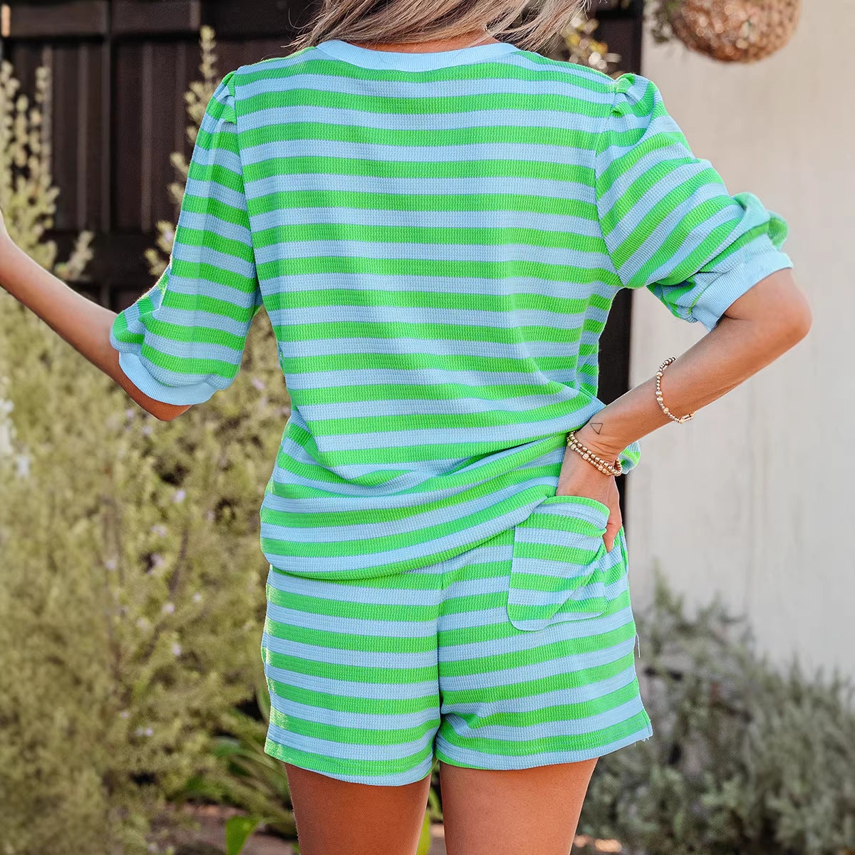 Stripe Puff Short Sleeve T Shirt Matching Shorts Set