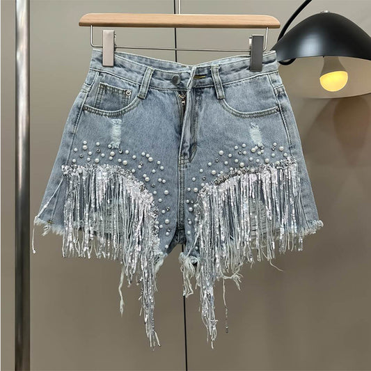 Fringed Rhinestone High-rise Denim Shorts