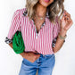 Red Stripe Leopard Contrast Trim Half Button Blouse