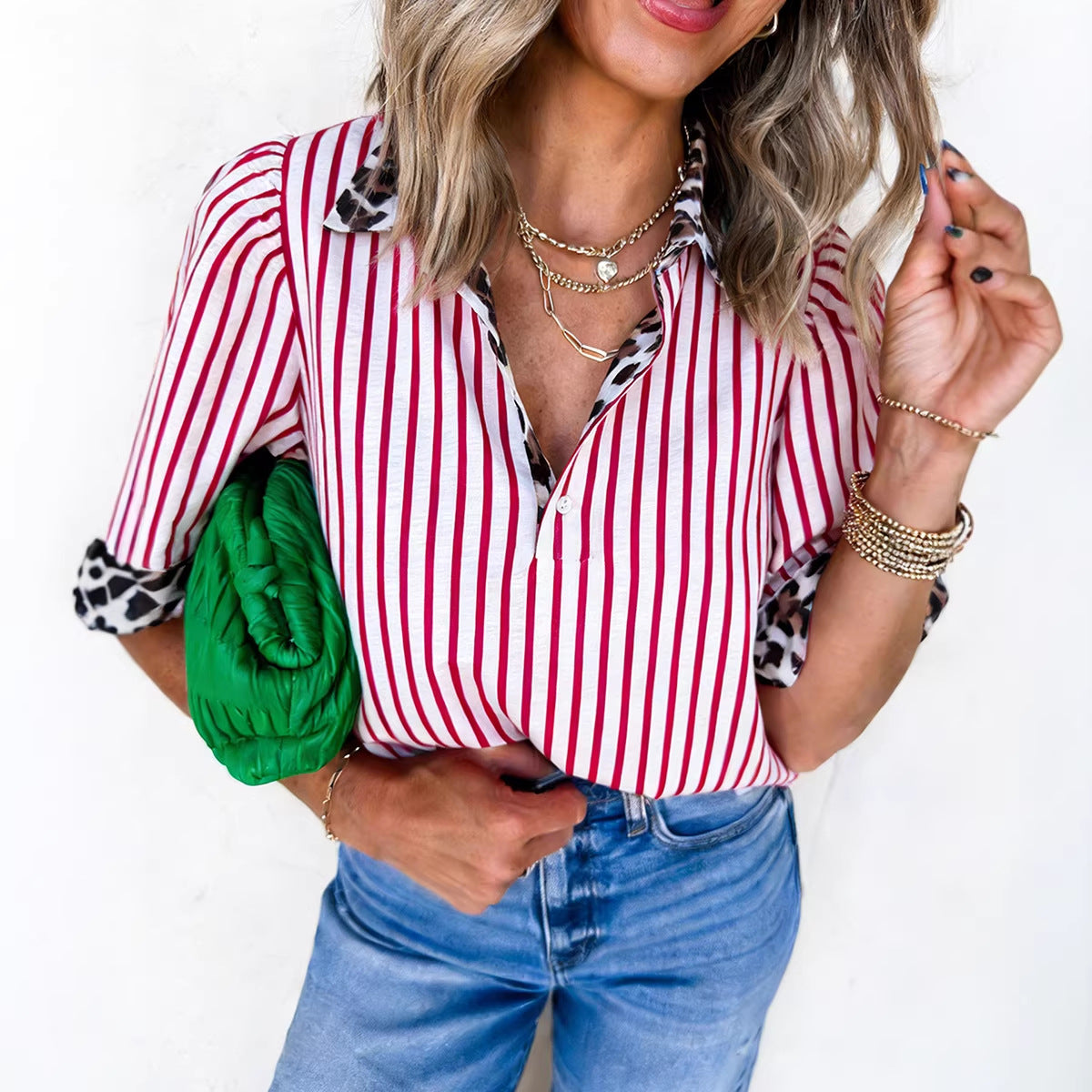 Red Stripe Leopard Contrast Trim Half Button Blouse