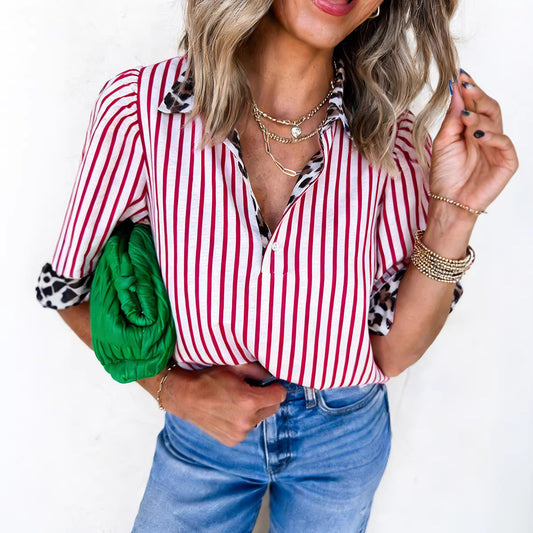 Red Stripe Leopard Contrast Trim Half Button Blouse