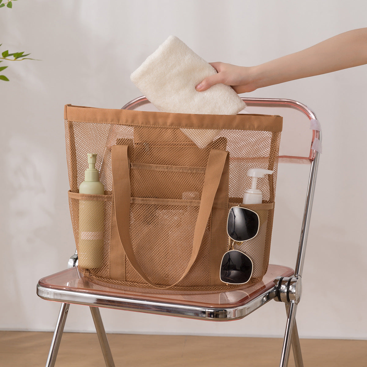 Mesh Fabric Travel Storage Bag Large Capacity Visual Partition Storage Handbag