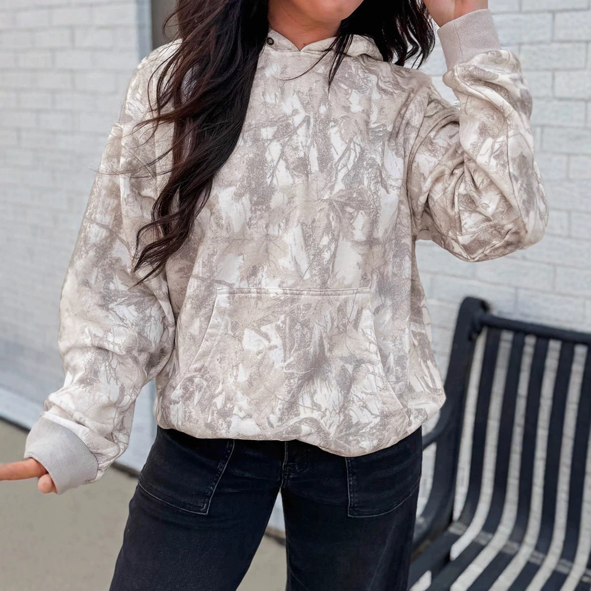 Gray Abstract Print Ribbed Cuffs Hem Long Sleeve Hoodie