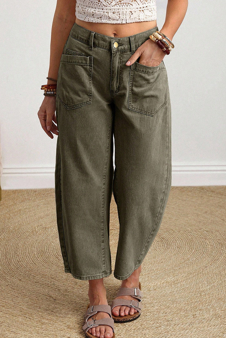 Square Patch Pocket Ankle-length Barrel Jeans