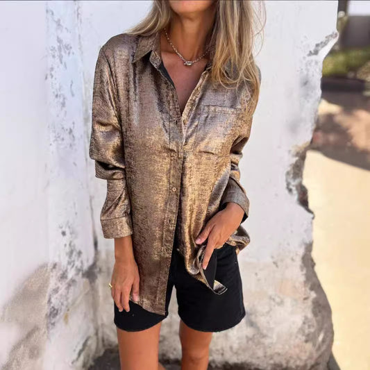 Casual Metallic Stylish Roll-Neck Shirt