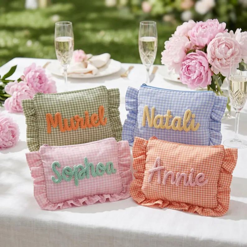 Customizable Text Floral & Plaid Zippered Makeup Bag