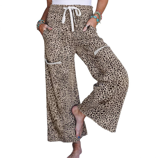 Leopard Print Wide Leg Terry Knit Pants