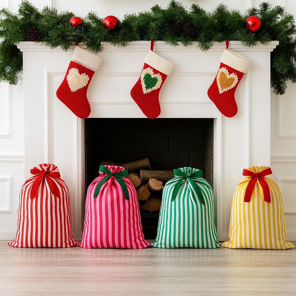Custom Personalized Striped Christmas Drawstring Gift Sack