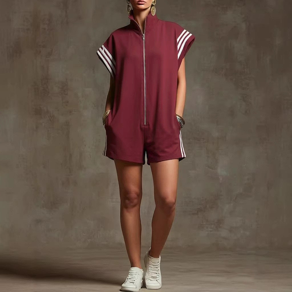 Loose Sleeveless Drawstring Pockets Split-Joint Striped Zipper Stand Collar Rompers