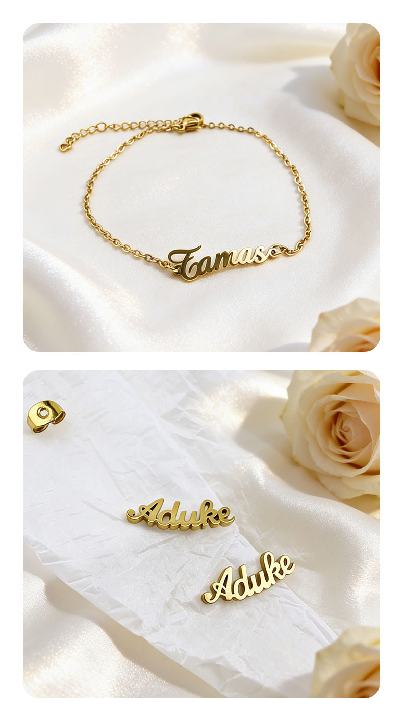 Custom Stainless Steel Letter Necklace, Bracelet, and Stud Earrings – Personalized Name/Logo Pendant