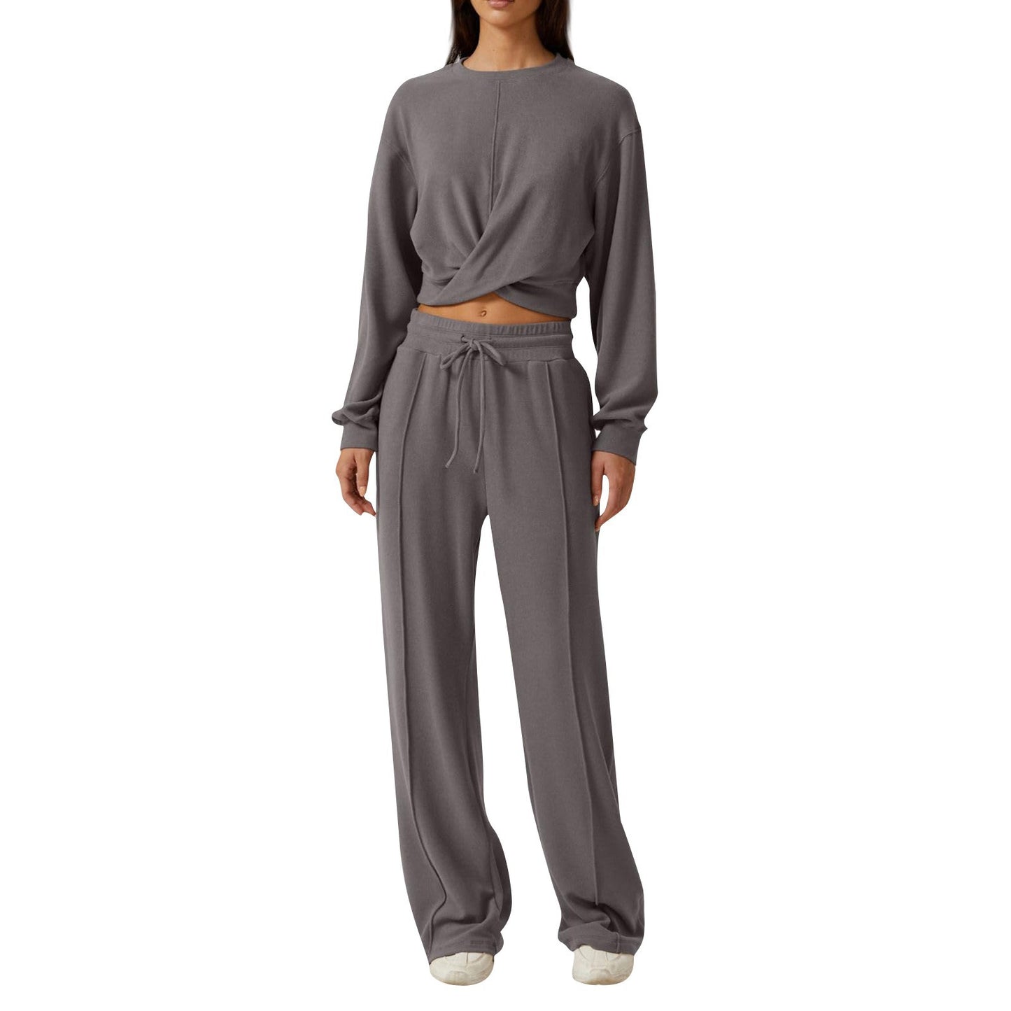 Women's Round Neck Long-sleeved Top and Wide-leg Pants Suit