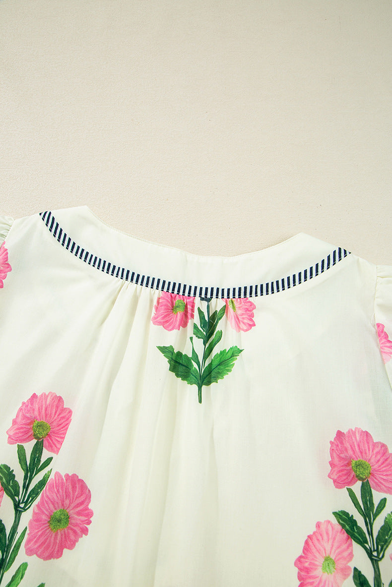 Apricot Floral Short Sleeve Split Neck Loose Mini Dress