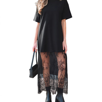 Floral Patchwork Short Sleeve T Shirt Loose Maxi Dress