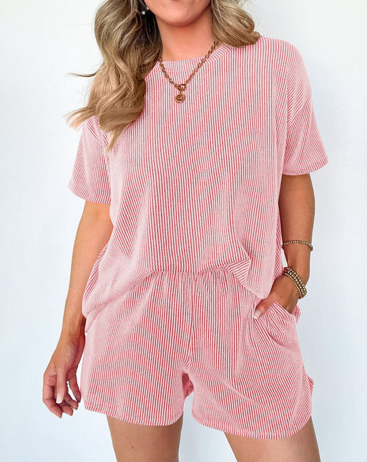 Ribbed Crew Neck Top + Shorts Two-piece Set