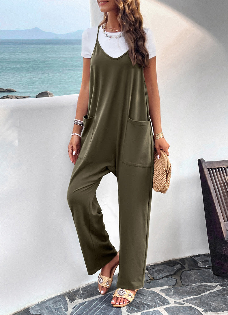 V Neck Loose Pockets Cami Jumpsuit