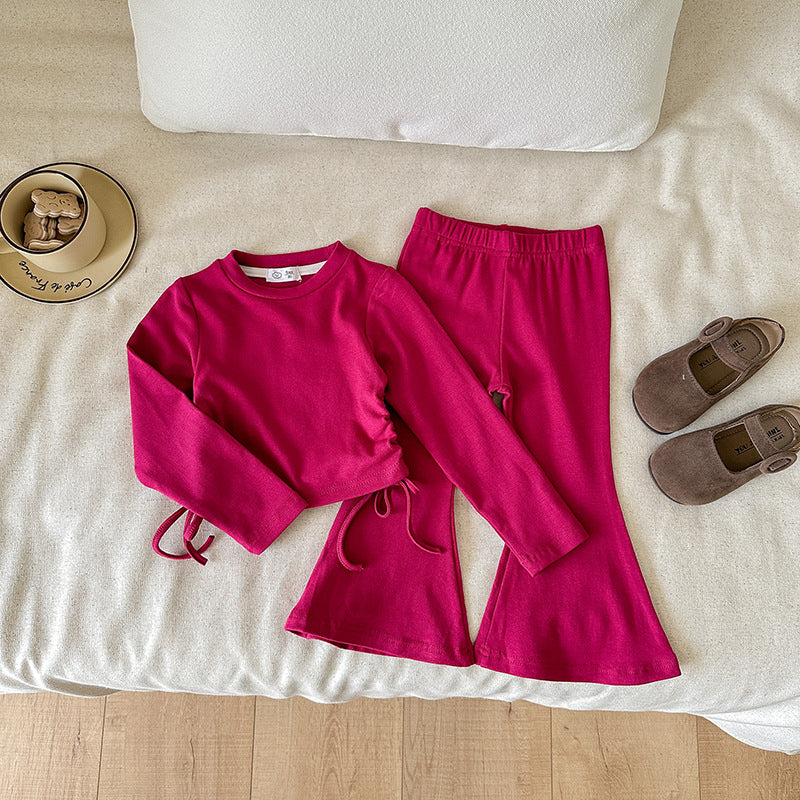 Girls' slim-fit solid color top and flared pants suit