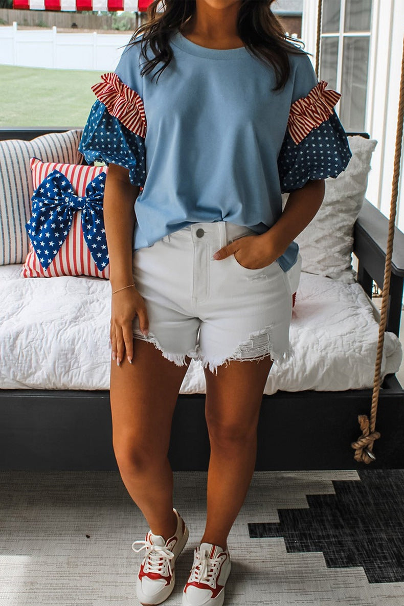 Stars Stripes Short Puff Sleeve Top
