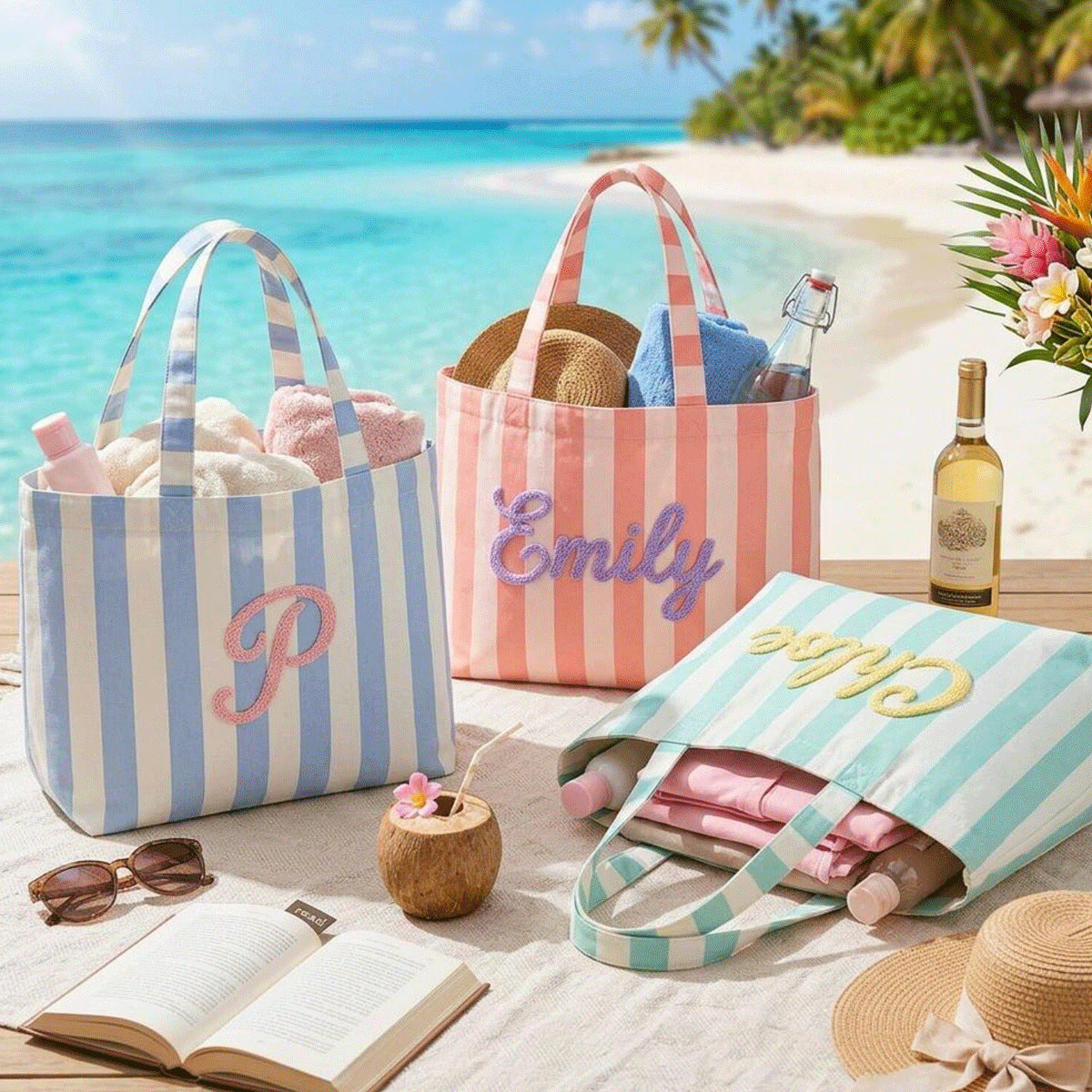 Custom Striped Tote Bag – Hand-Embroidered