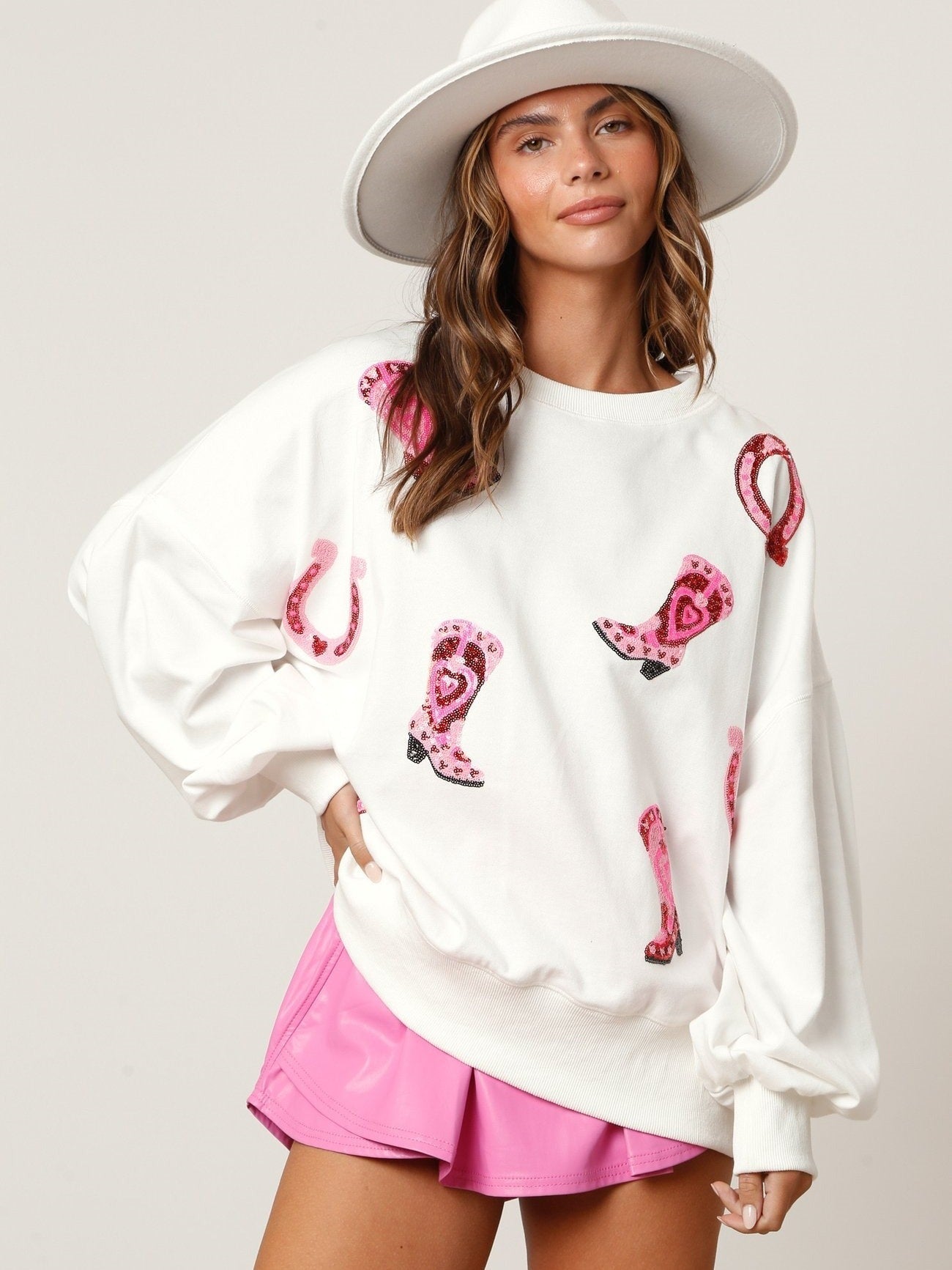 Valentine's Day Pink Boots Sequin Sweatshirt