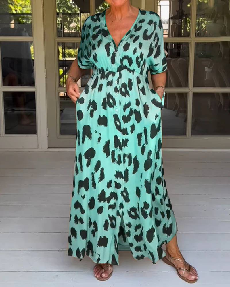 Leopard Print V-neck High-waisted Maxi Dress