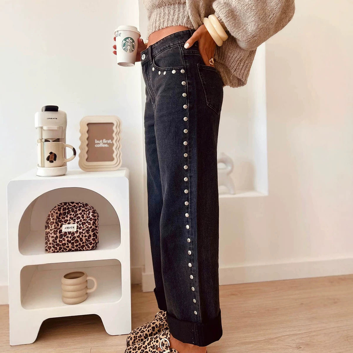 Studded Detail Straight Leg Casual Loose Jeans
