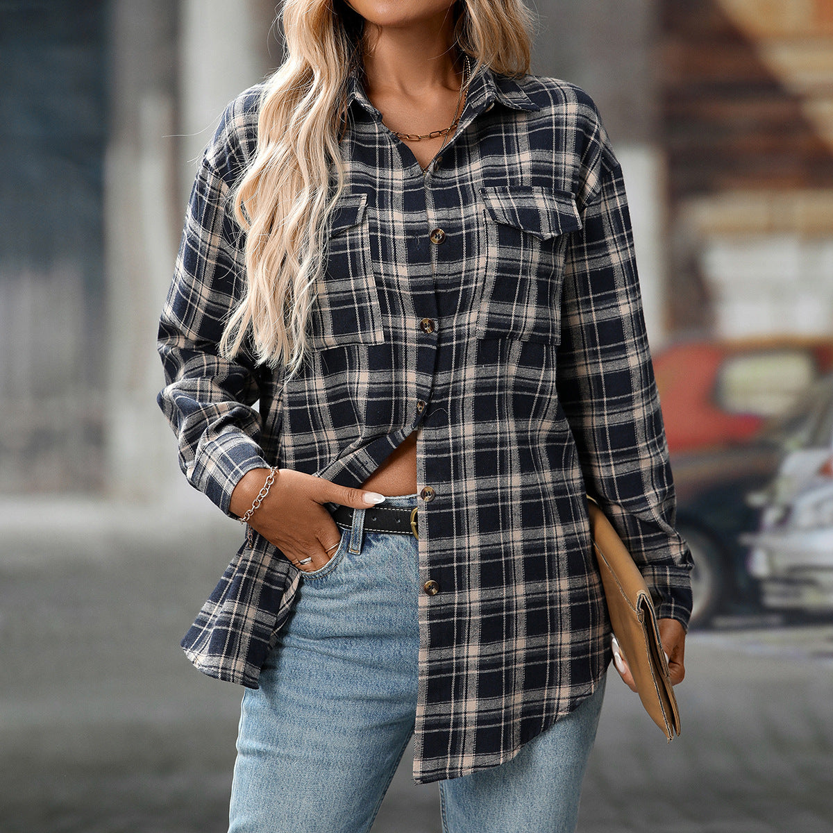 Loose Plaid Pocket Shirt for Women