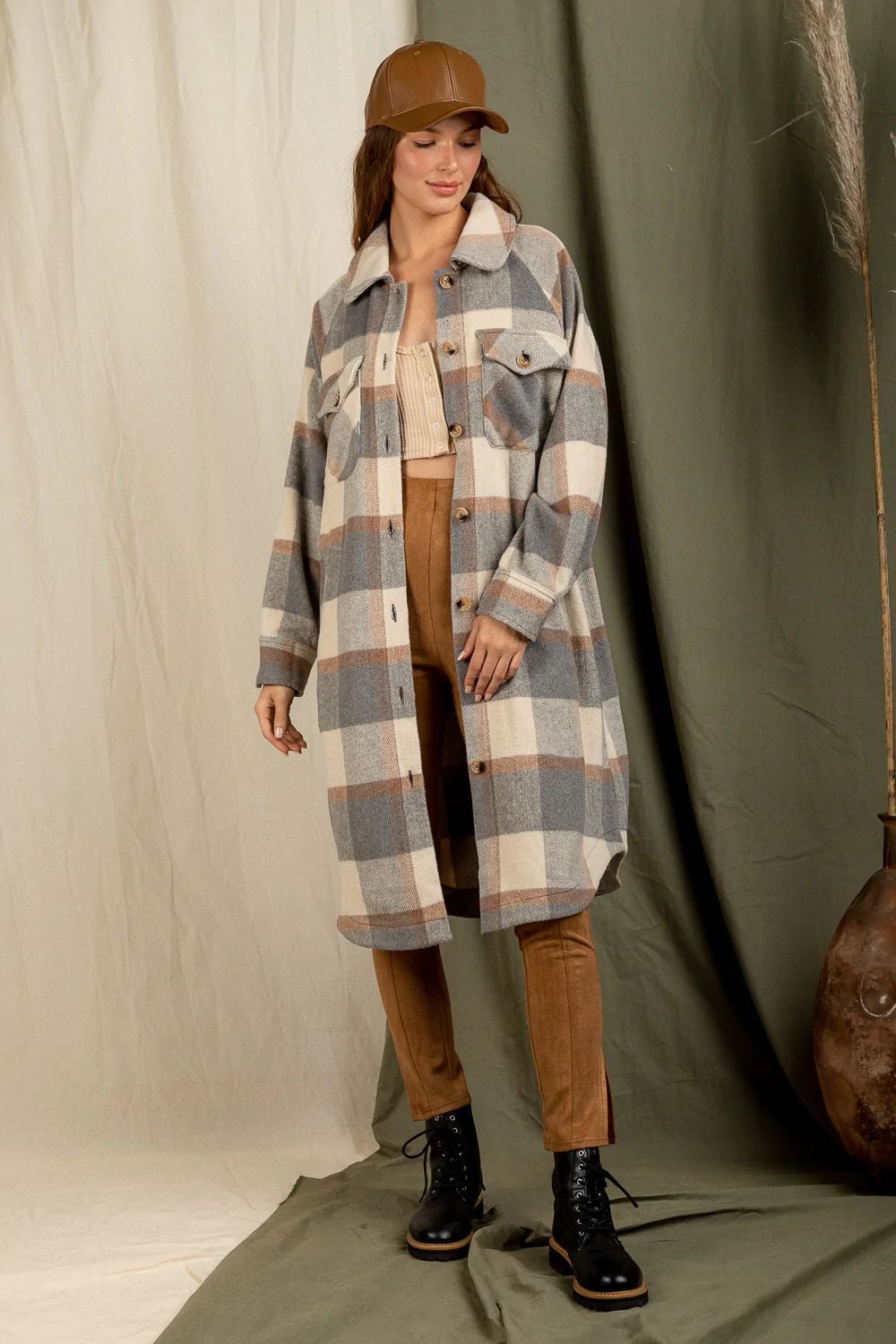 Checkered Lapel Pocket Long Coat