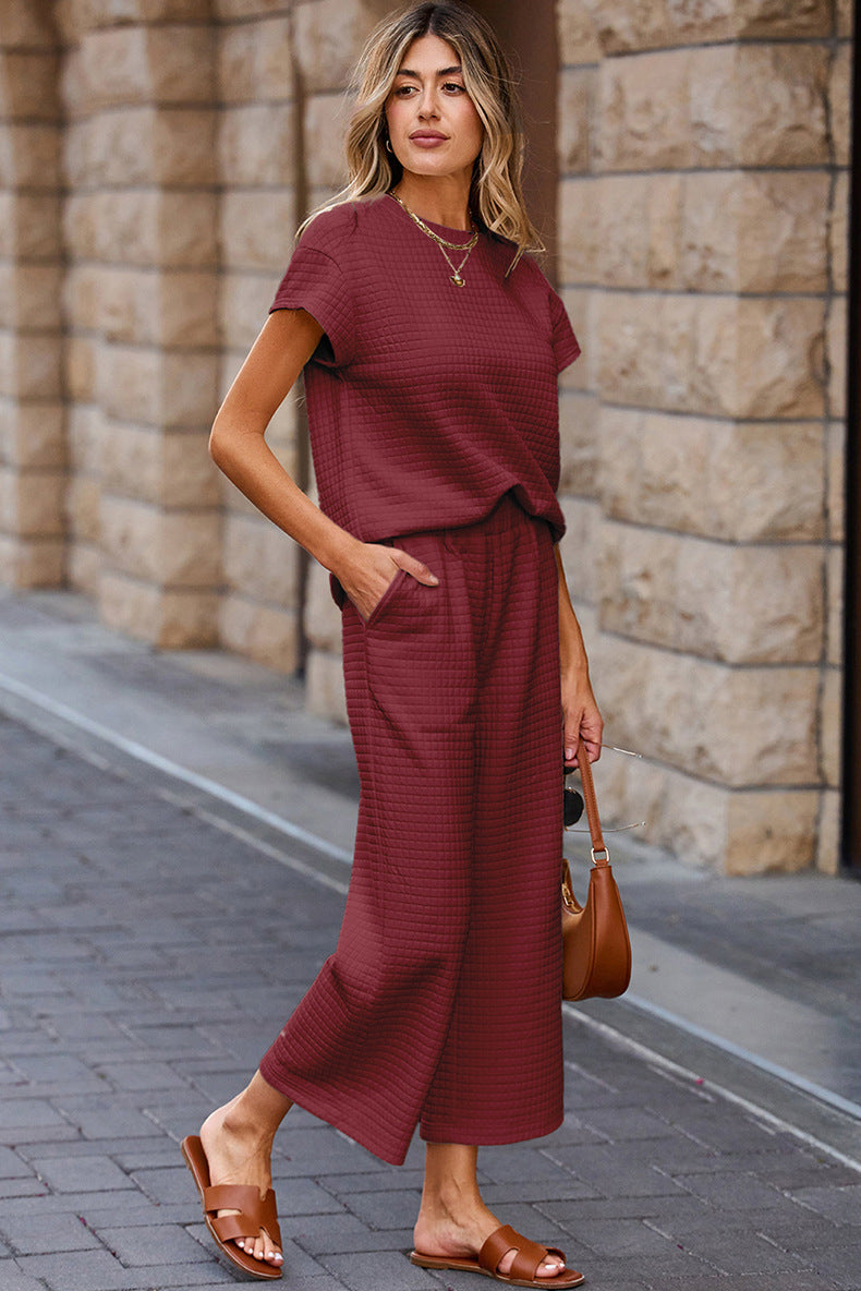Textured Top and Wide-leg Pants Set