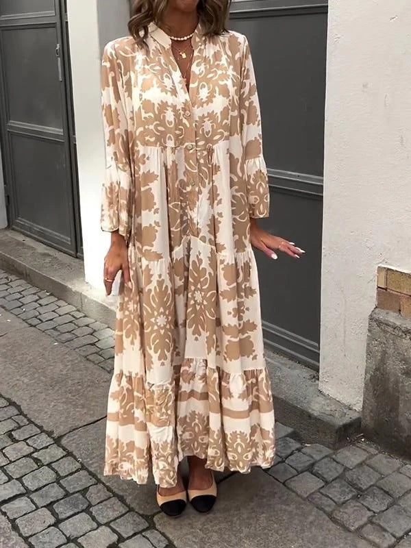 Stand Collar Trumpet Sleeve Printed Dress