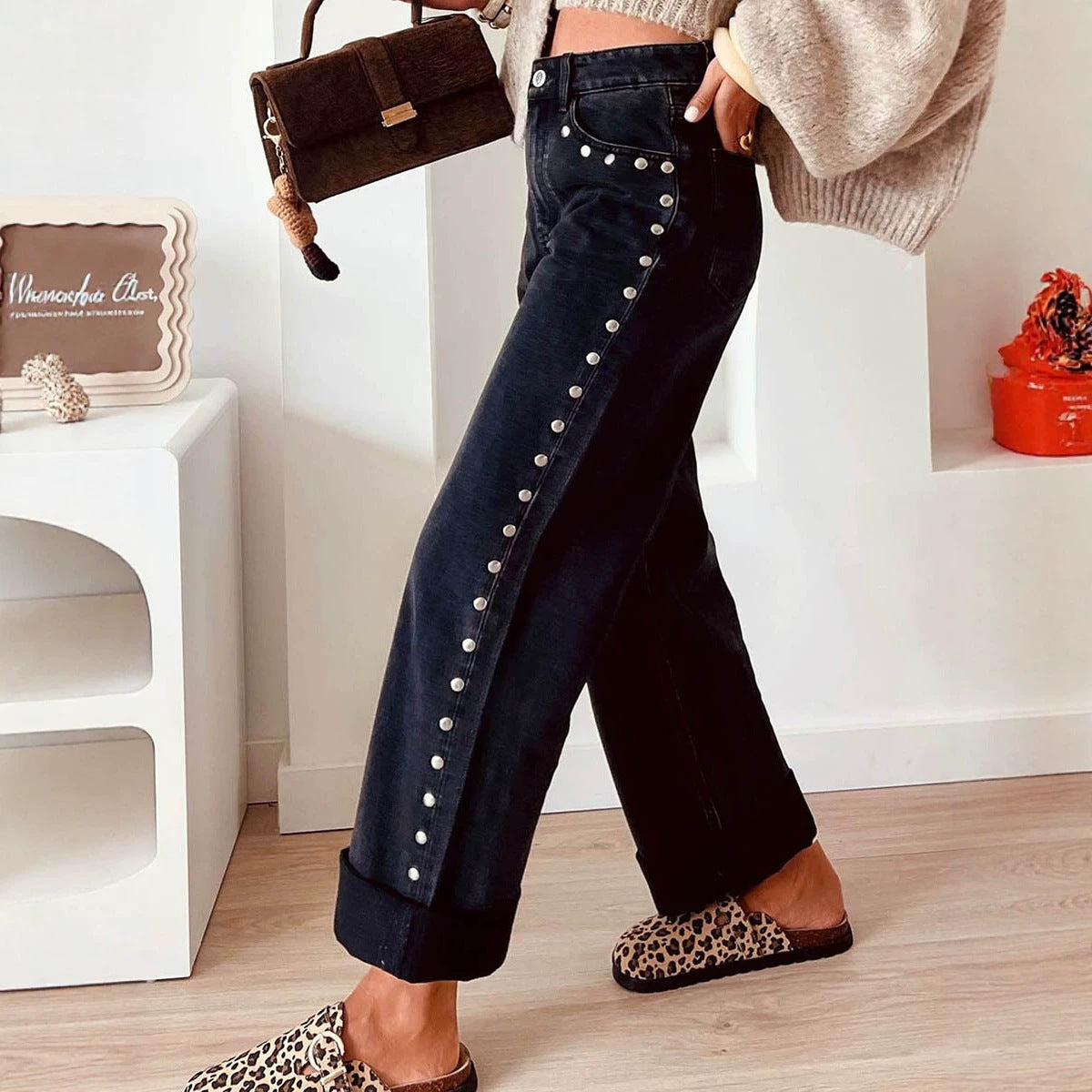 Studded Detail Straight Leg Casual Loose Jeans