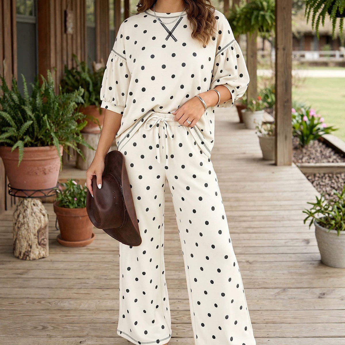 Beige Polka Dot Half Sleeve Loose Top Elastic Waist Casual Pants Set