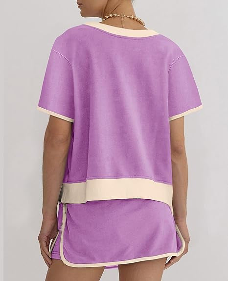 2Pcs Set Colorblock Edge Drop Shoulder T Shirt and Skirt