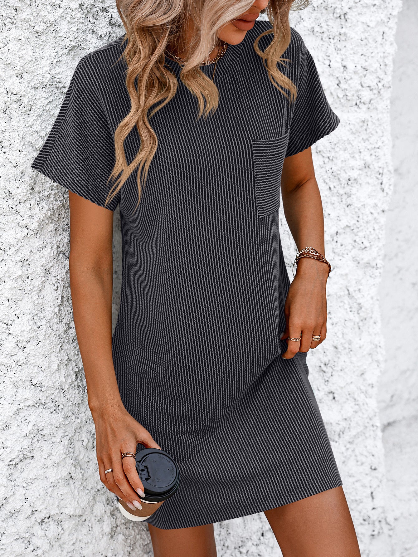 Ribbed Short Sleeve Pocket Dress-8 Colors