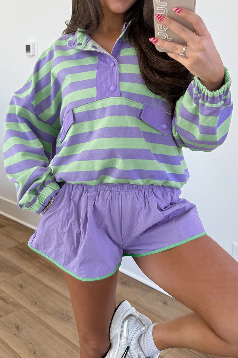 Purple Stripe Half Button Long Sleeve Top Mix and Match Shorts 2pcs Set