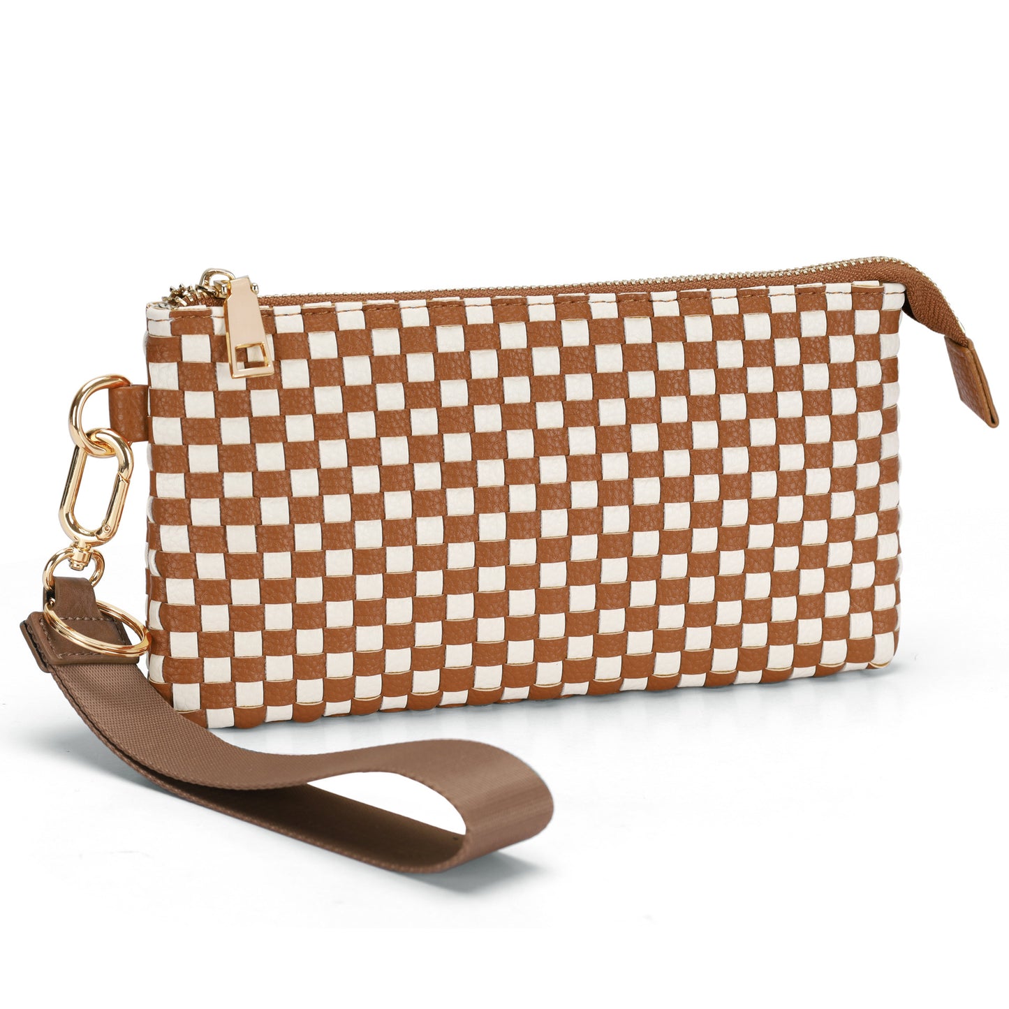 Checkered Woven Clutch Wristlet PU Leather Large Size Patterned Wallet