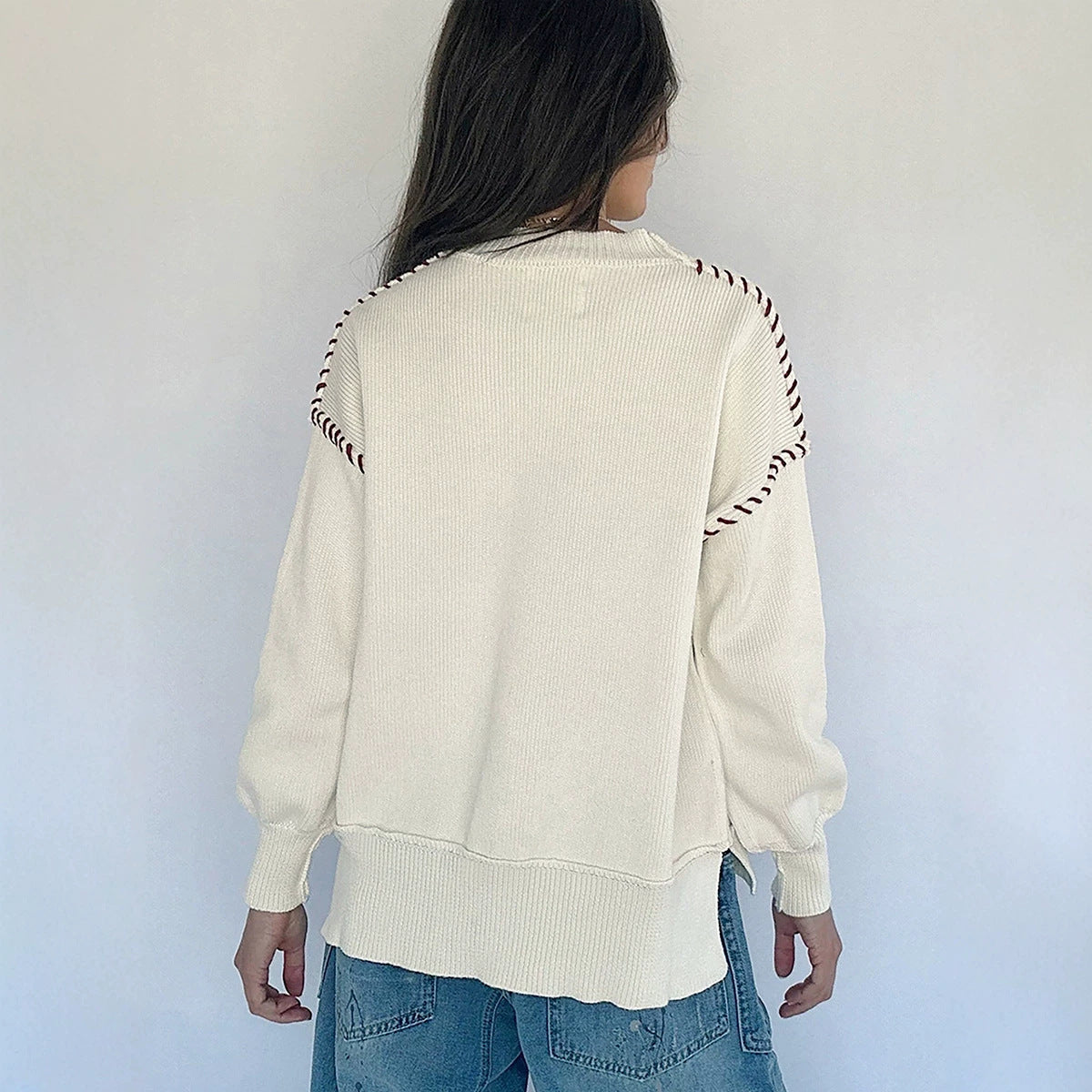 Beige Drop Shoulder Game Day Letter Print Pullover Sweater