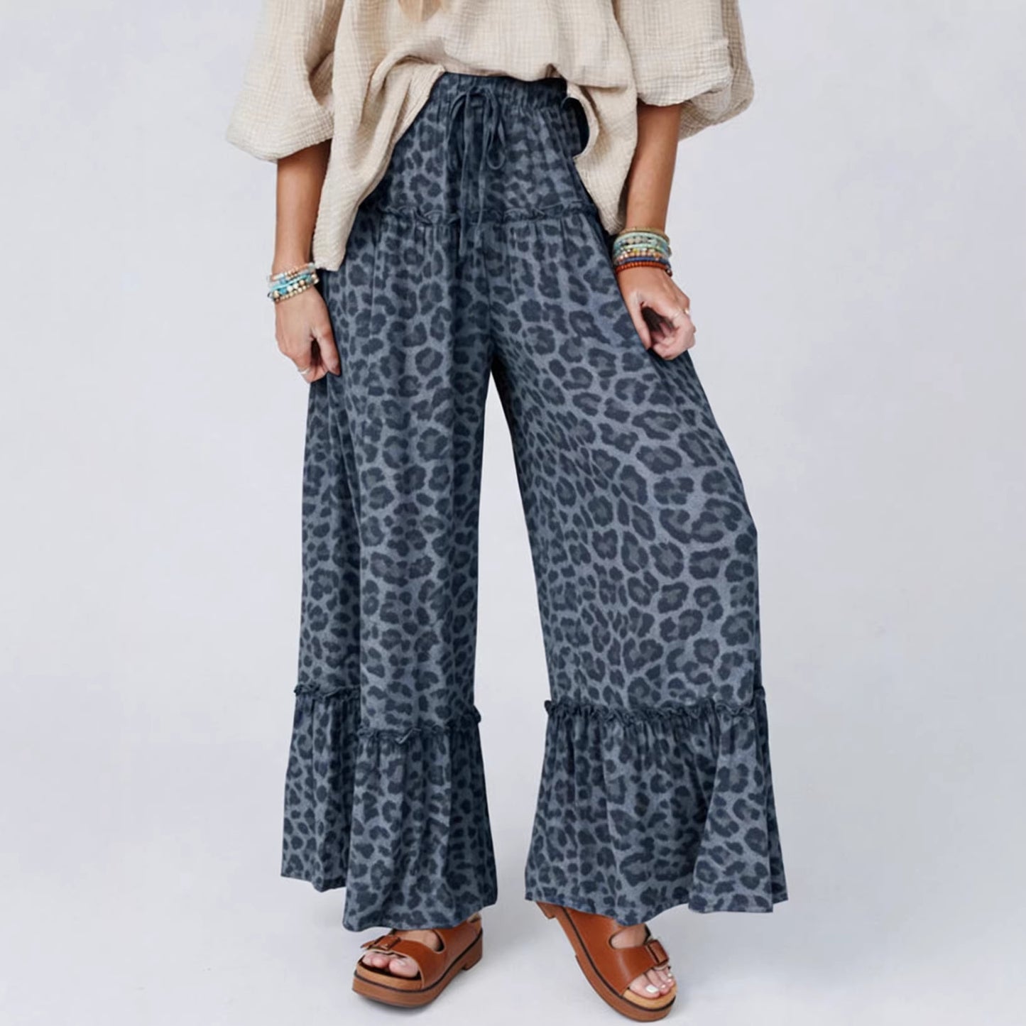 Gray Wild Leopard Print Frilled Detail Drawstring Wide Leg Pants